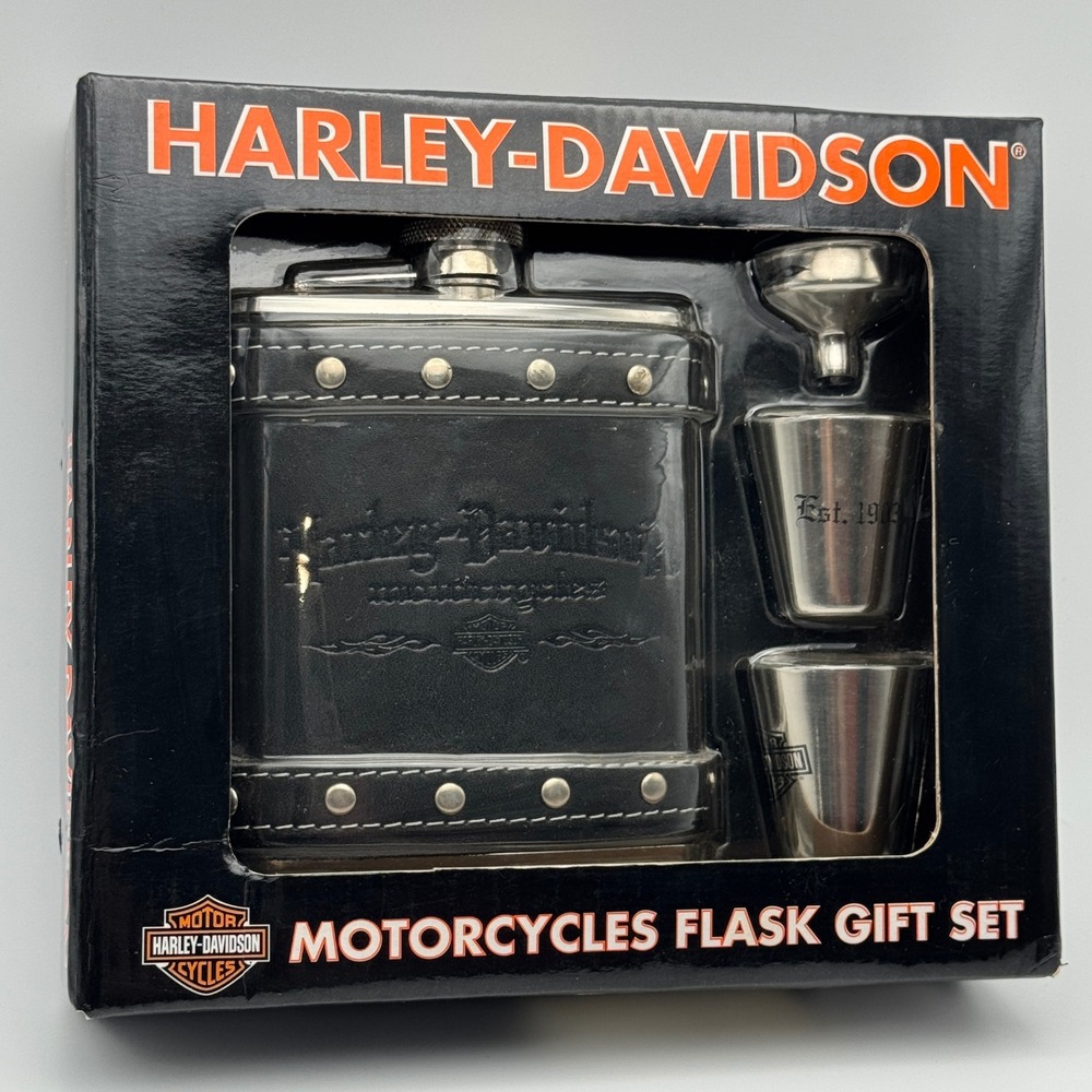 Harley Davidson Flask Gift Set Stainless Leather Studded Barware Shot Glass